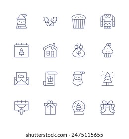 Christmas icon set. Thin line icon. Editable stroke. Containing christmasday, christmassweater, cupcake, house, mistletoe, panettone, sack, snowman.