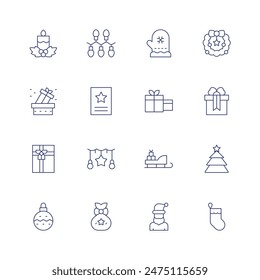 Christmas icon set. Thin line icon. Editable stroke. Containing candle, chimney, christmaspresent, greetingcard, lights, mitten, present.