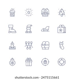 Christmas icon set. Thin line icon. Editable stroke. Containing boot, chimney, christmaspresent, christmastree, fireworks, gnome, santaclaus, sled.