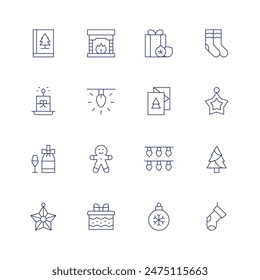 Christmas icon set. Thin line icon. Editable stroke. Containing book, candle, christmascard, christmaspresent, fireplace, light, socks, star.