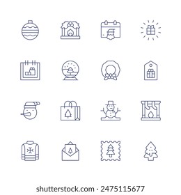 Christmas icon set. Thin line icon. Editable stroke. Containing bauble, calendar, christmasball, christmasholly, gift, label, wreath.