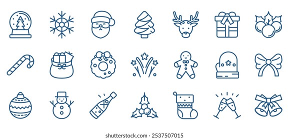 Christmas Icon Set. Thin Line Xmas Illustrations of Holiday Symbols Including Santa Claus, Reindeer Snowflakes, Snowman, Gifts, Confetti, Gift Sock, Glove. Festive Decorations for Winter Celebrations