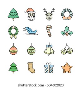 Christmas icon set. Thin line style christmas vector icons. Linear style