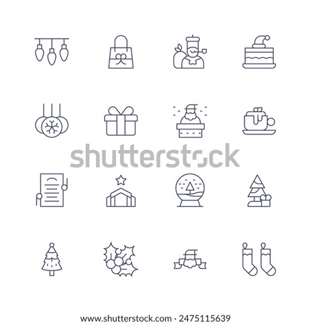 Christmas icon set. Thin line icon. Editable stroke. Containing christmasballs, coffeecup, gift, giftbag, olentzero, santaclaus.