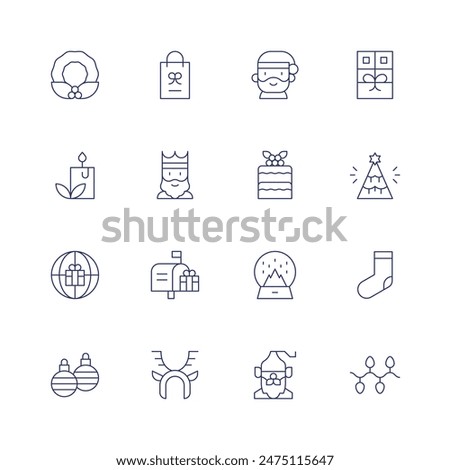Christmas icon set. Thin line icon. Editable stroke. Containing candle, christmas, christmaspresent, christmastree, gaspar, giftbag, redvelvet, santaclaus.