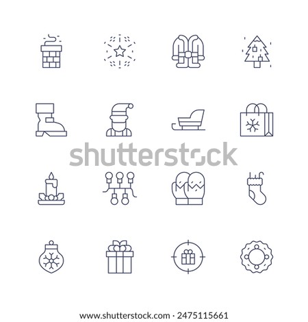 Christmas icon set. Thin line icon. Editable stroke. Containing boot, chimney, christmaspresent, christmastree, fireworks, gnome, santaclaus, sled.