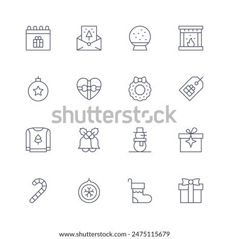 Christmas icon set. Thin line icon. Editable stroke. Containing bauble, calendar, christmascard, christmaspresent, fireplace, label, snowball, wreath.