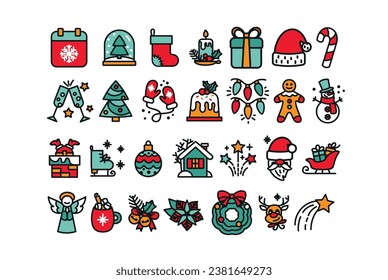 Christmas icon set. Christmas traditional attributes. Vector.