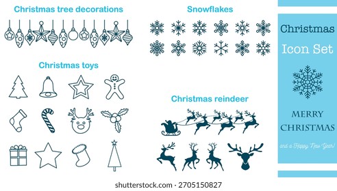 Christmas icon set with tree decorations, snowflakes, toys, and reindeer. Simple winter symbols ideal for holiday cards, stickers, prints, and festive design projects. Vector illustration
