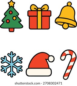 Christmas Icon Set -Tree, Gift, Bell, Snowflake, Santa Hat, Candy Cane