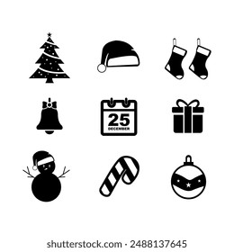 Christmas icon set. Trees, bells, gift boxes, etc.