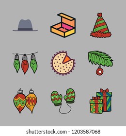 christmas icon set. vector set about hat, mittens, christmas present and chestnut icons set.