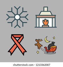 christmas icon set. vector set about ribbon, snowflake, fireplace and sled icons set.