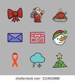 christmas icon set. vector set about snowing, gift card, envelope and turkey icons set.