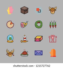 christmas icon set. vector set about snow globe, lights, box and turkey icons set.