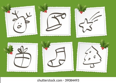 christmas icon set, vector drawings and holly ornaments