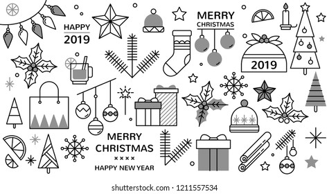 Christmas icon set. Vector illustration of gift, christmas tree, cup of tea, snowflakes, stars, balls. Black and white outline drawing.