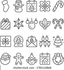 Christmas icon set vector illustration. Contains such icon as Santa claus, Elf, Snow ball, xmas tree, Snow man, Christmas flower and more. Expanded Stroke