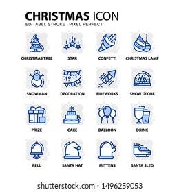 Christmas Icon Set Vector Line Style. Confetti, Fireworks, Santa, Bell, And More. Blue Color Icons With Liquid Background. Editable Stroke Illustration Sign And Symbol.