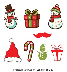 Christmas icon set vector. Merry Christmas icon set. Santa Claus, snowman, fir tree, gift box, Santa socks, toys, Christmas light Lightbulb glowing garland, door wreath. Set of Christmas icons. 