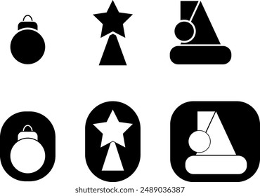 Christmas icon set. Vector christmas tree ball, christmas tree star and santa clous cap in black and white with minimalist style.