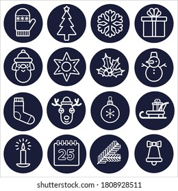 Christmas Icon set. White outline isolated on a dark background. Vector line art.