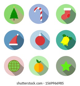 Christmas icon set. Winter icons on colored circles with shadow. Vector illustration