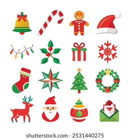 Christmas Icon Set - Wreath, Tree, Santa, Reindeer, Gifts, and More - Vector Art