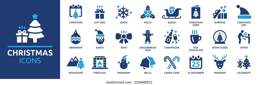 Juego de iconos de Navidad. Elementos navideños con nieve, Santa Claus, caja de regalo, bastón de caramelo, campanas, árbol de Navidad, símbolo de muñeco de nieve y reno. Colección de iconos sólidos.