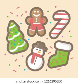 Christmas icon set.Christmas and new year set collection. Sweet decorated new year gingerbread cookies icons isolated on white background. Christmas tree and candy, ginger man, snowman.  