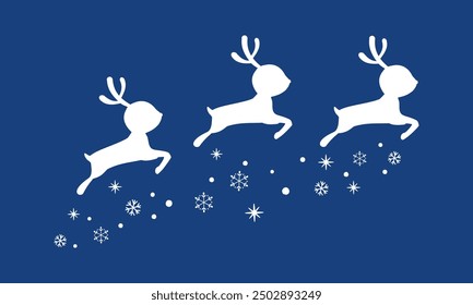 Christmas icon sign with flying reindeer cartoons and snowflakes on blue sky background vector.
