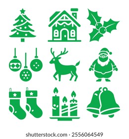 Christmas icon silhouette vector illustration bundle, perfect for enhancing your holiday projects. Includes a wide variety of festive icons in clean vector style, ideal for web, print, and social medi