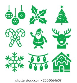 Christmas icon silhouette vector illustration bundle, perfect for enhancing your holiday projects. Includes a wide variety of festive icons in clean vector style, ideal for web, print, and social medi