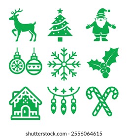 Christmas icon silhouette vector illustration bundle, perfect for enhancing your holiday projects. Includes a wide variety of festive icons in clean vector style, ideal for web, print, and social medi