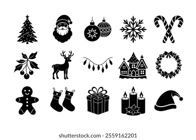 Christmas icon silhouette vector illustration bundle, perfect for enhancing your holiday projects. Includes a wide variety of festive icons in clean vector style, ideal for web, print, and social medi