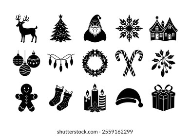 Christmas icon silhouette vector illustration bundle, perfect for enhancing your holiday projects. Includes a wide variety of festive icons in clean vector style, ideal for web, print, and social medi