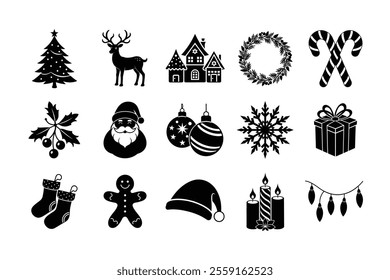 Christmas icon silhouette vector illustration bundle, perfect for enhancing your holiday projects. Includes a wide variety of festive icons in clean vector style, ideal for web, print, and social medi