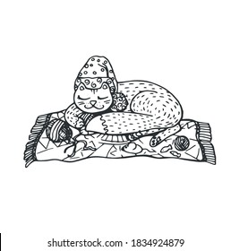 
Christmas icon sleeping cat on the carpet for decoration of postcards, posters, prints