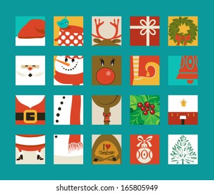 Christmas Icon Squares - Santa Clause, snowman and reindeer squares that fit together puzzle-style, plus various individual pieces, including Christmas tree, gift box, holly, Christmas bell and bauble