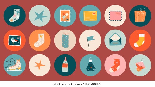 Christmas icon, sticker set. Hand-drawn vector sticker design set. Winter holiday concept. Trendy illustrated elements in circles. Christmas social media icons. Christmas tree decorations.