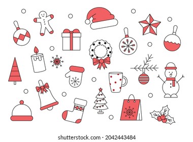 Christmas icon or stickers, set with snowflakes, hats, star, tree, balls, snowman, bell, sock, gift, drink and presents. Vector icons for business and holidays. Illustration or print
