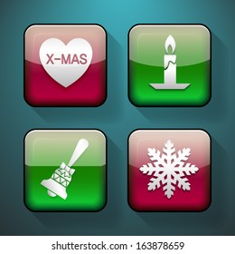 Christmas icon symbol with glossy green and red button on dark green background.