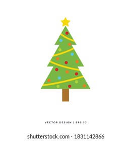 Christmas Icon - Christmas Tree Flat Style Icon with Decorated and Star. Colorful flat presents for holiday. Modern design. Vector illustration isolated on white.