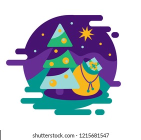 Christmas icon. Christmas tree and gift bag. Flat illustration