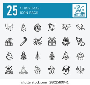 Christmas Icon Vector Collection – A premium set of modern Christmas and holiday-themed vector icons featuring Santa Claus, Christmas tree, snowflake, gift box, reindeer, bell, candy cane, wreath, stocking, ornament, star, and festive decorations. Clean, editable, scalable, and perfect for web design, mobile apps,  presentations, greeting cards, social media, branding, print materials, and holiday marketing projects.