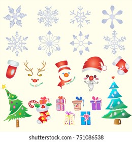 christmas icon vector create snowflake, santa claus, snowman, reindeer, christmas tree, red glove, red sock and colorful of gifts. illustration sticker icon.