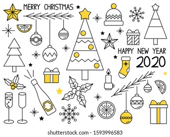 Christmas icon vector set with Christmas tree, holly, gift box, snowflakes, hat, star, orange, Santa sock, champagne and glasses. Yellow elements. Trendy line art background for winter holidays.