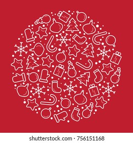 Christmas Icons assembled in the form of a ball on a red background. Vector illustration