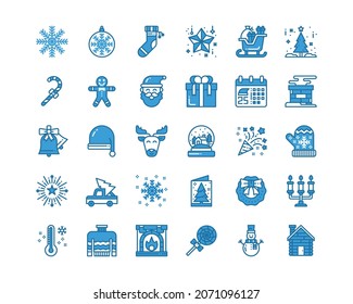  Christmas Icons Blue Line Color Vector Illustration, snowflake, candy, sleigh, christmas day