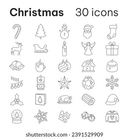 Christmas icons, Candy Cane, Pine tree, Snowman, Santa Claus, Stocking, illustrations vector